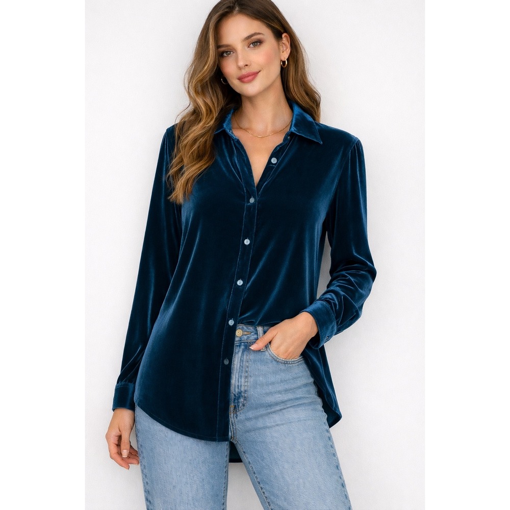 John Mark Teal Blue Velvet Button Down Shirt Tunic High Low Womens Size M Blouse